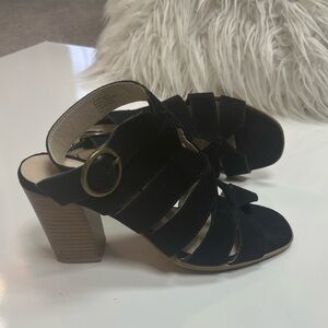 Seychelles Black Suede Leather Strappy Block Heel Sandals Size 7.5
